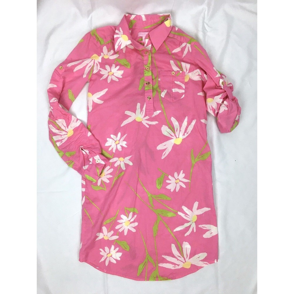 Lilly Pulitzer Women XS Pink Collared Dress Roll up Sleeves White Flowers